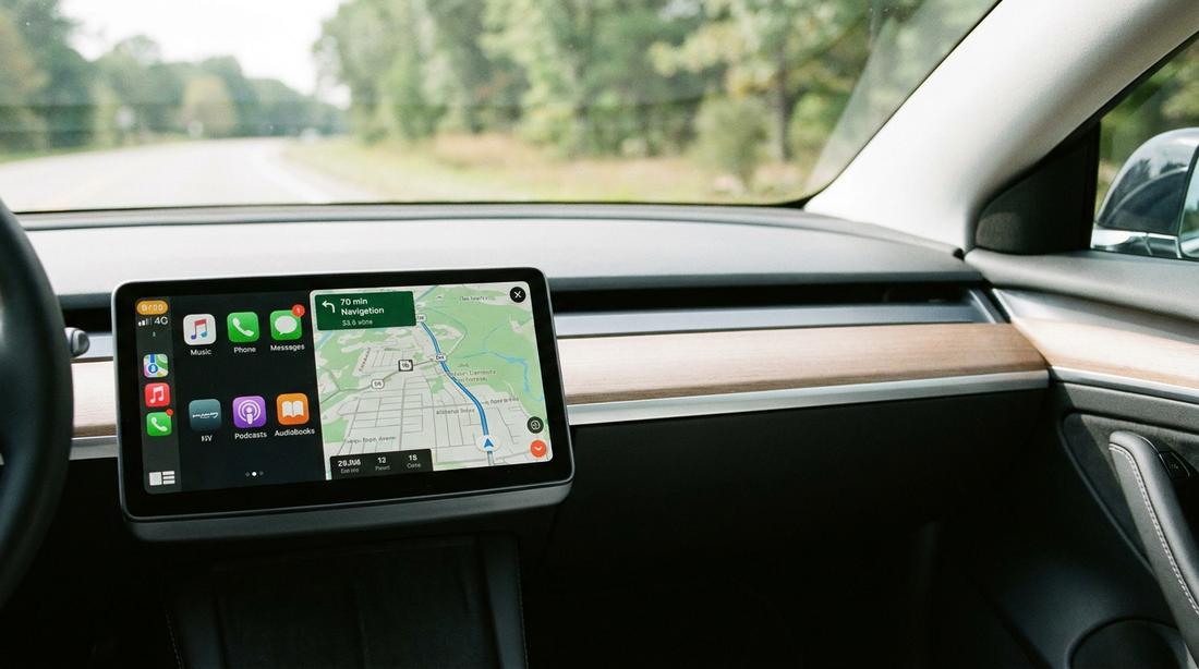 Écran Apple CarPlay intégré au tableau de bord d'une voiture affichant la navigation