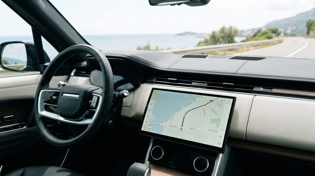 Écran CarPlay intégré au tableau de bord d'une voiture affichant une navigation