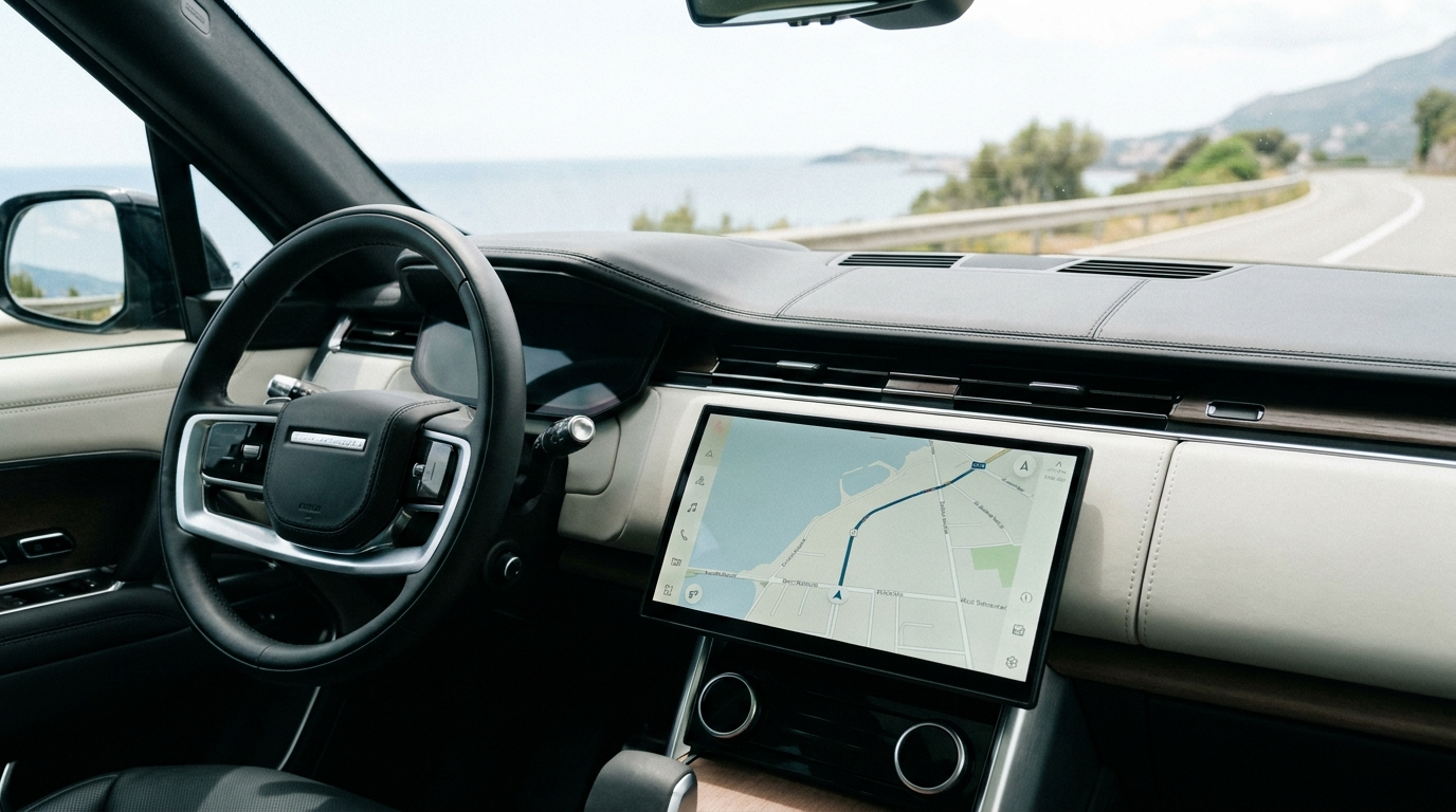Écran CarPlay intégré au tableau de bord d'une voiture affichant une navigation