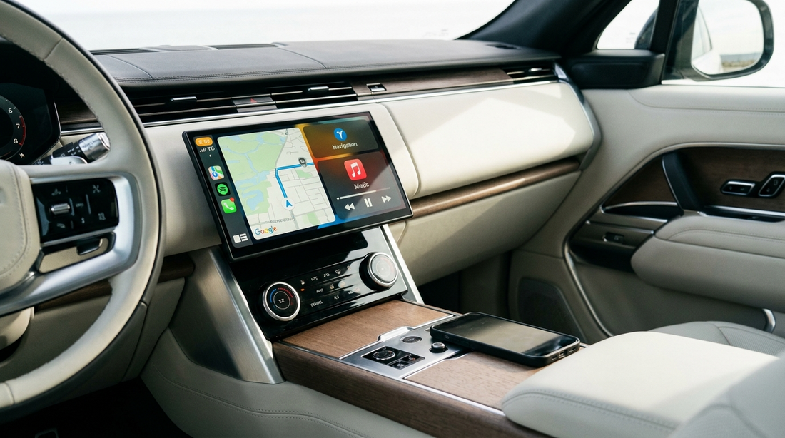 Écran d'origine d'une voiture affichant Apple CarPlay sans fil via un boîtier CarPlay sans fil