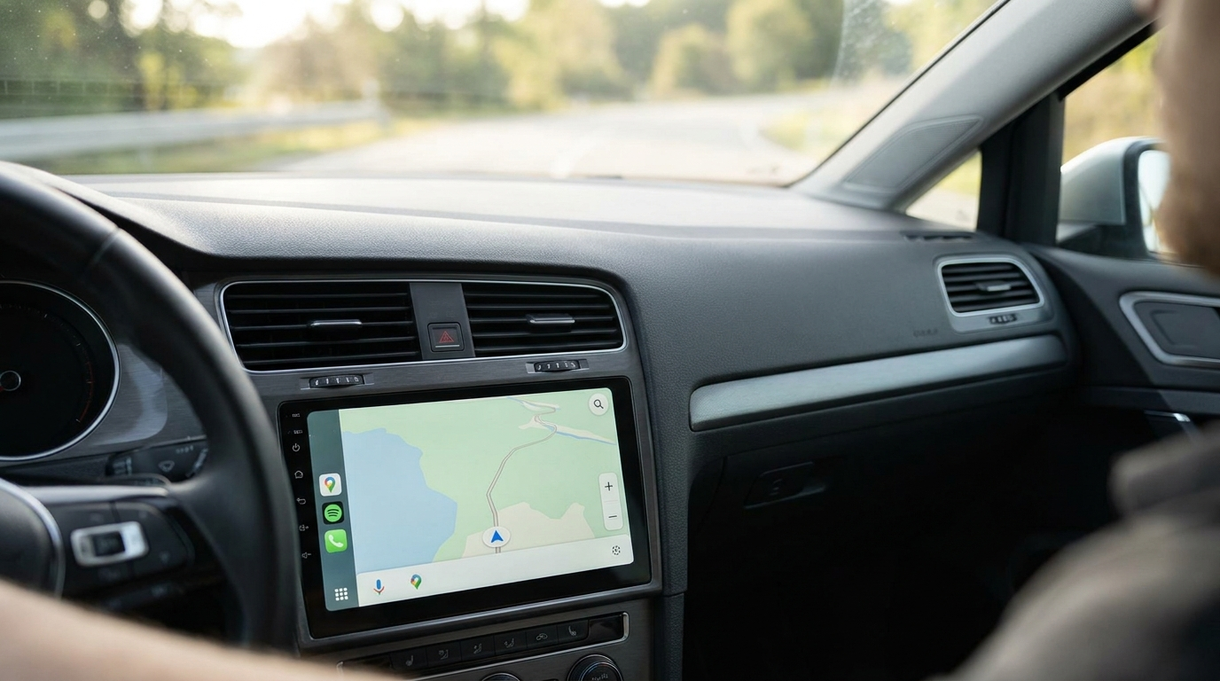 Tableau de bord Volkswagen Golf 7 avec écran CarPlay intégré affichant la navigation