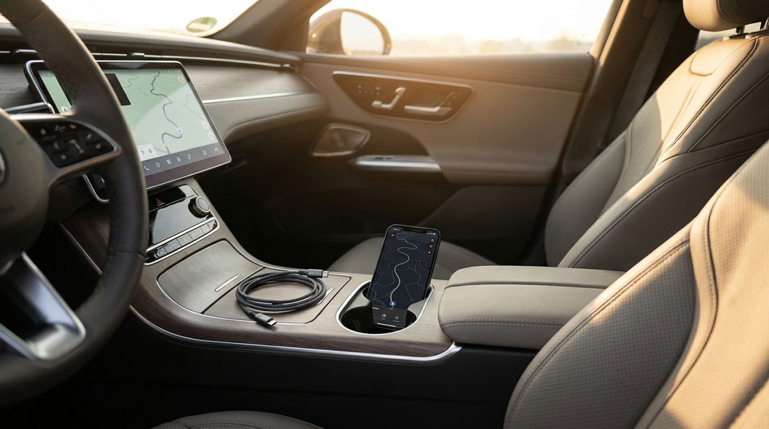 Boîtier CarPlay filaire ou sans fil dans un habitacle de voiture moderne avec écran multimédia