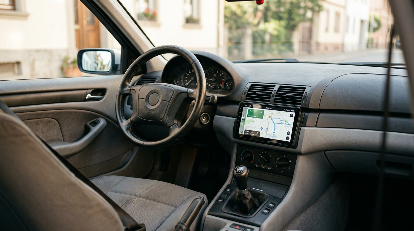 Écran CarPlay intégré installé dans le tableau de bord d'une voiture ancienne