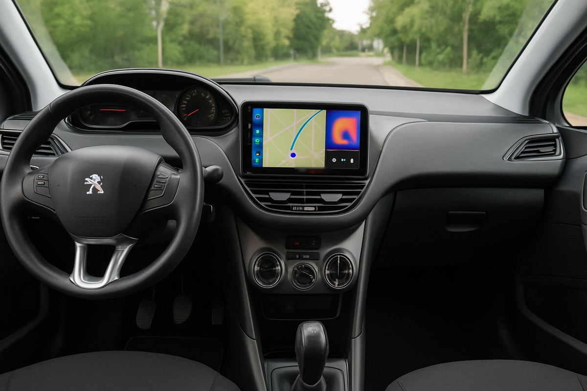 Peugeot 208 de première génération avec un écran CarPlay dédié installé au-dessus de l'aérateur central, logo Peugeot au volant
