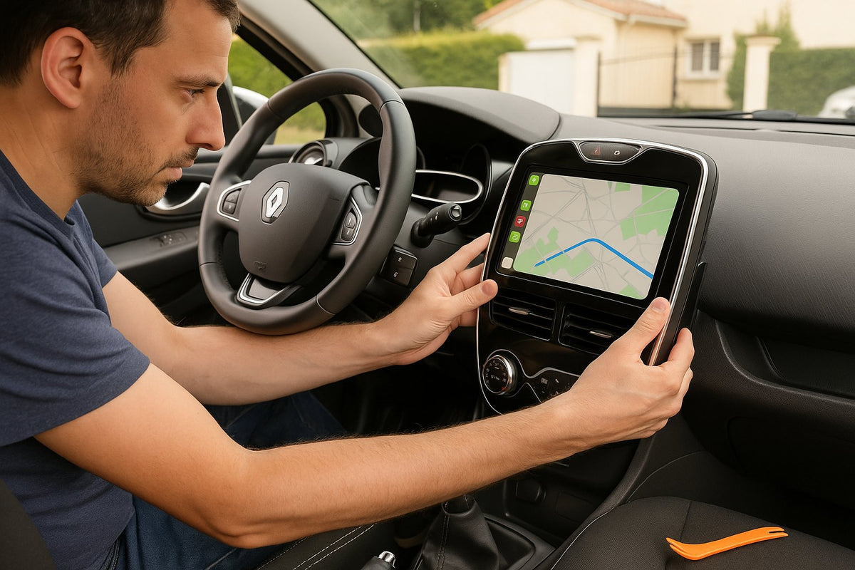 Conducteur qui installe lui-même le kit écran CarPlay dans la console d'une Renault Clio 4