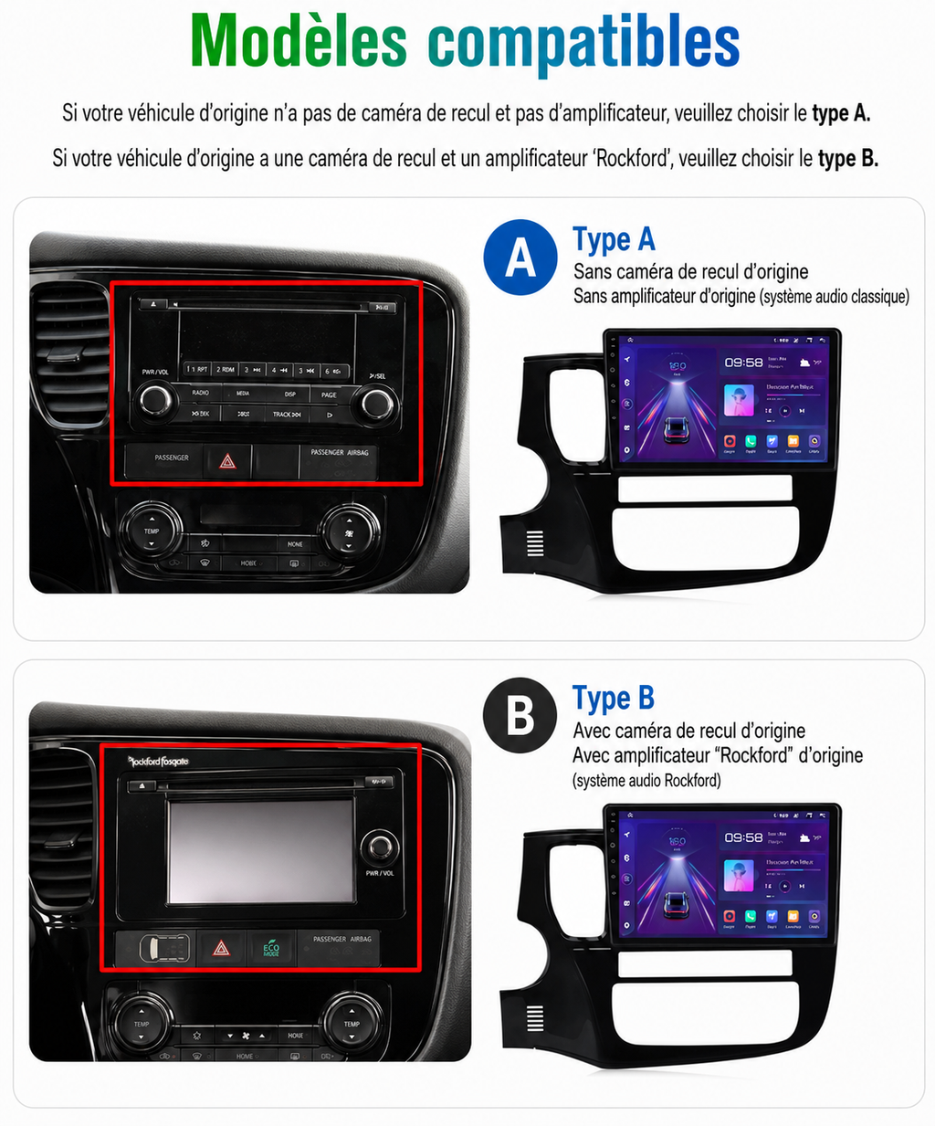Autoradio CarPlay Mitsubishi Outlander avec écran tactile intégré