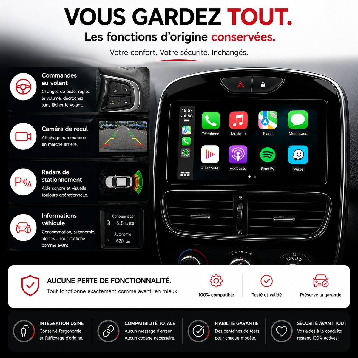 Autoradio CarPlay Audi A5 compatible caméra de recul
