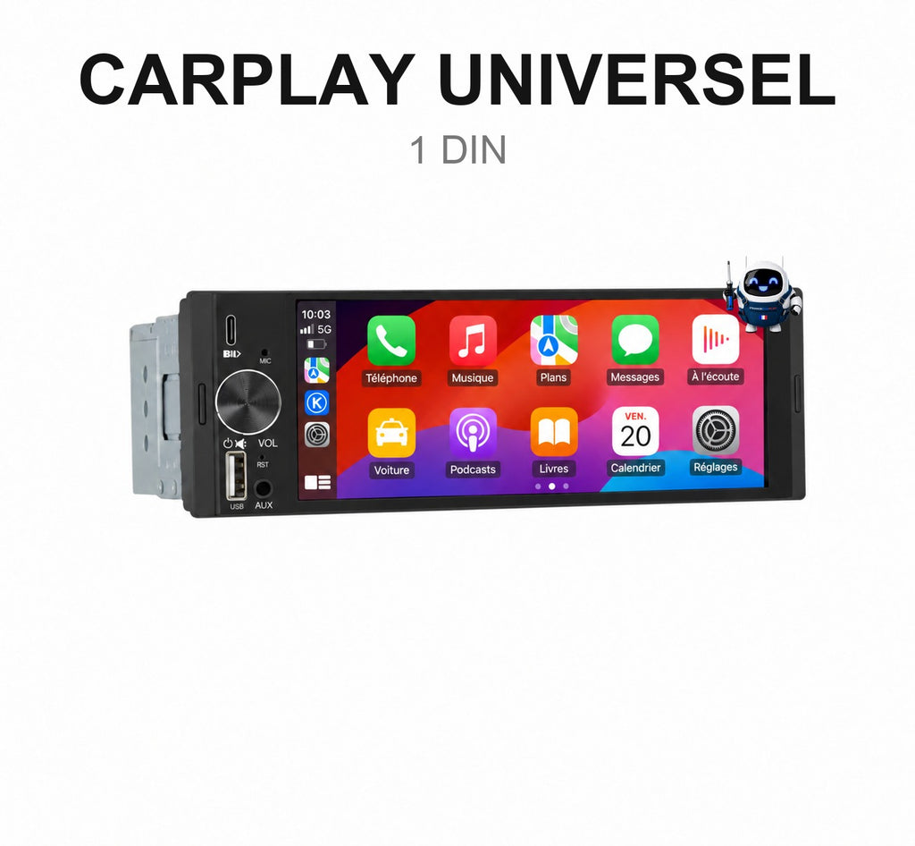 Autoradio CarPlay et Android Auto sans fil universel au format 1DIN