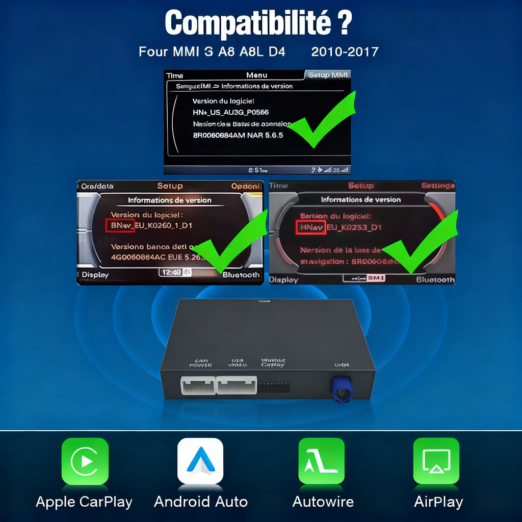 Interface CarPlay sans fil pour l'écran d'origine Audi A8 MMI 3G