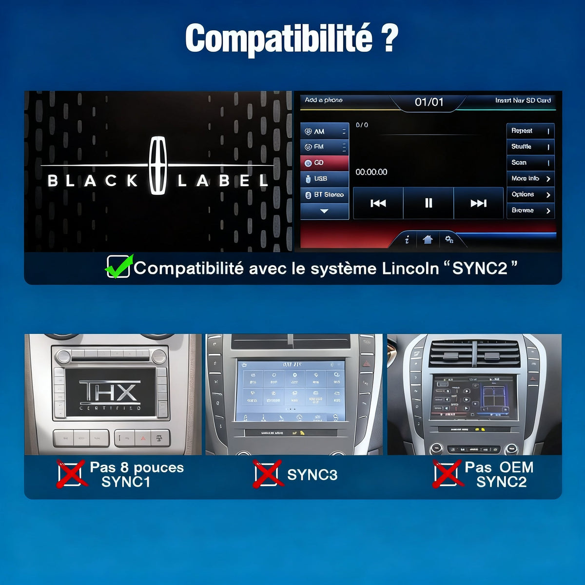 Module CarPlay plug and play pour Lincoln MKT SYNC2 sur écran d'origine