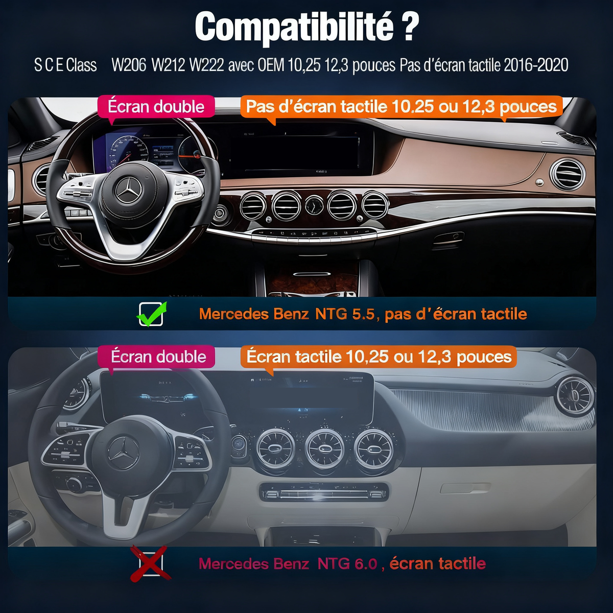 Module CarPlay plug and play pour Mercedes Classe E NTG5.0 sur écran d'origine