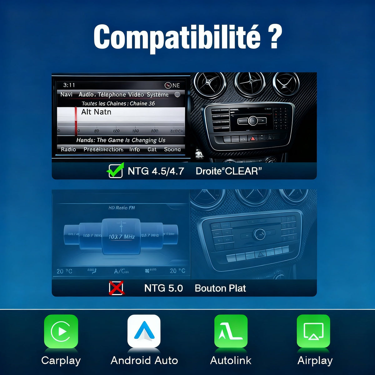 Module CarPlay plug and play pour Mercedes ML NTG4.5 sur écran d'origine
