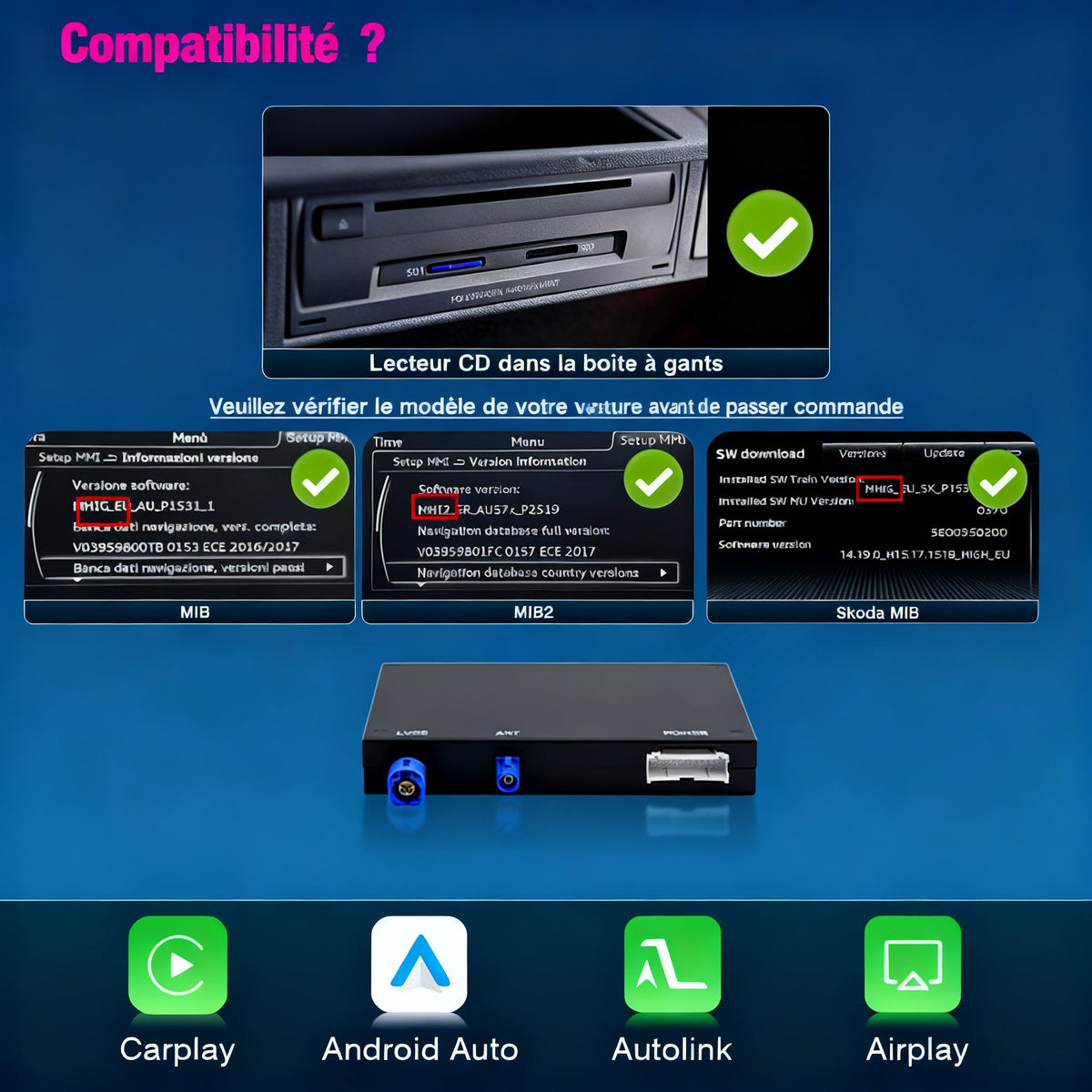 Module CarPlay plug and play pour Volkswagen Golf MIB sur écran d'origine
