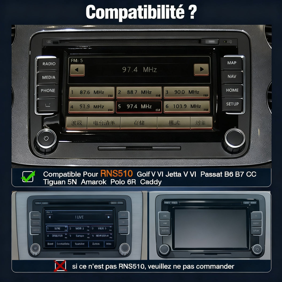 Module CarPlay plug and play pour Volkswagen Jetta RNS510 sur écran d'origine