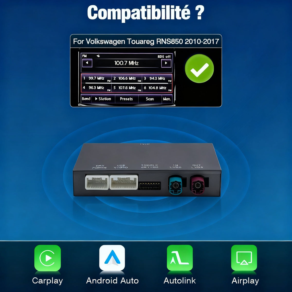 Module CarPlay plug and play pour Volkswagen Touareg RNS850 sur écran d'origine